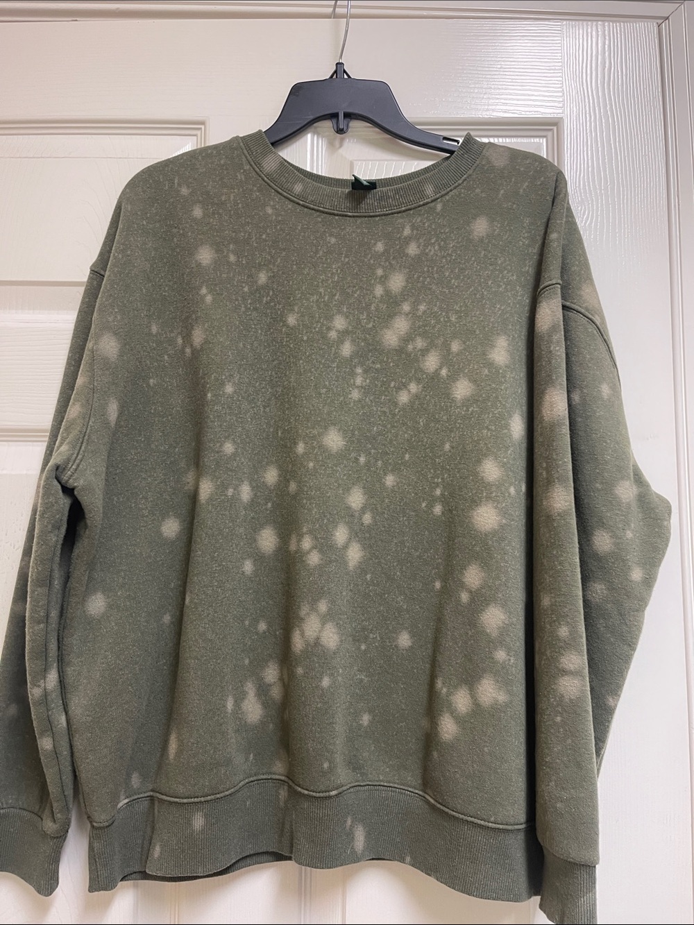 Womens Olive Green Crewneck Sweatshirt with Bleach Spot Pattern
